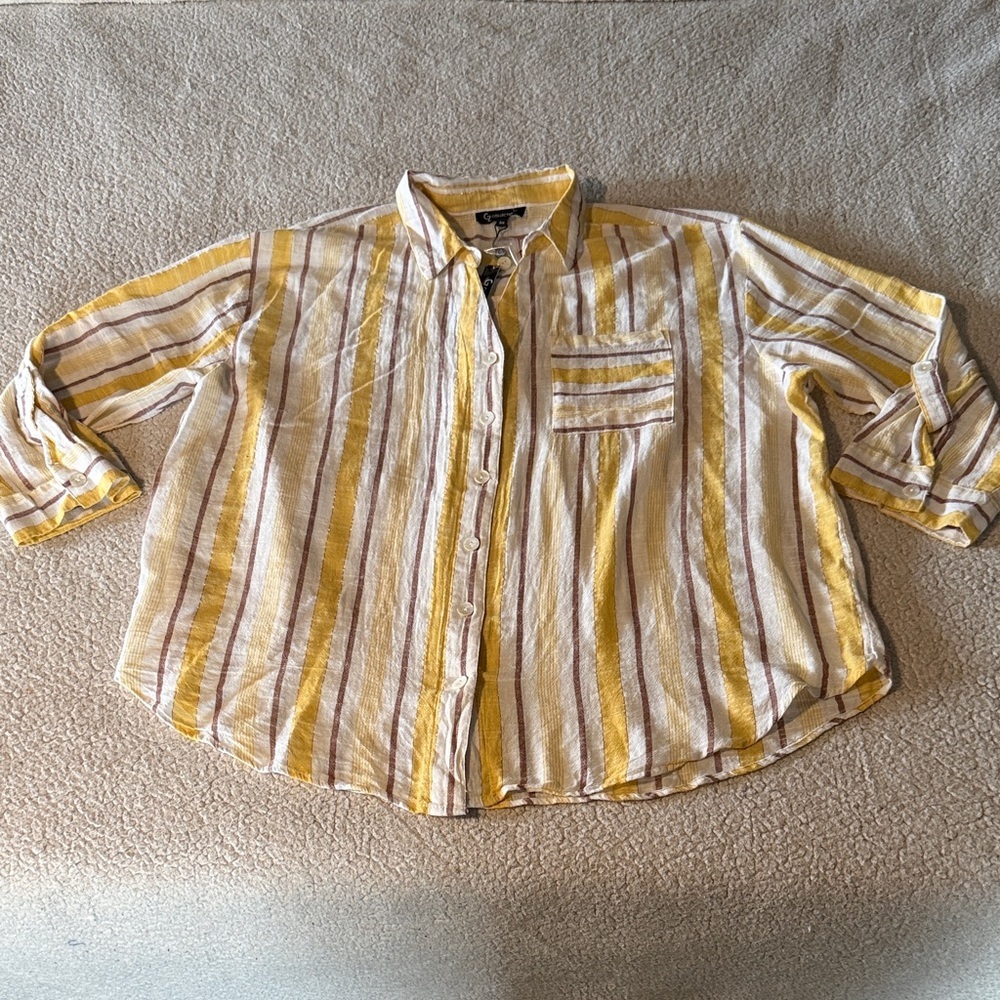 CZ COLLECTION Women's Striped Button Down Shirt in Yellow and White 3X New